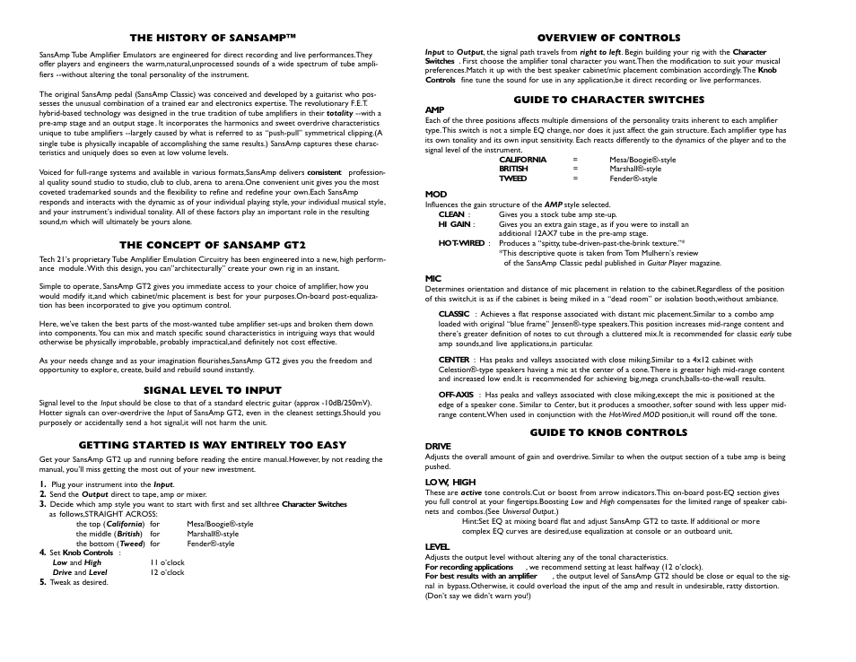 Tech 21 SANSAMP GT2 User Manual | Page 2 / 5