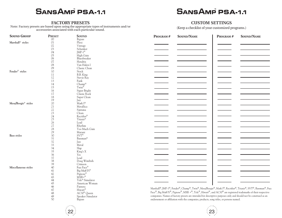 Factory presets, Custom settings | Tech 21 SANSAMP PSA-1.1 User Manual | Page 13 / 16