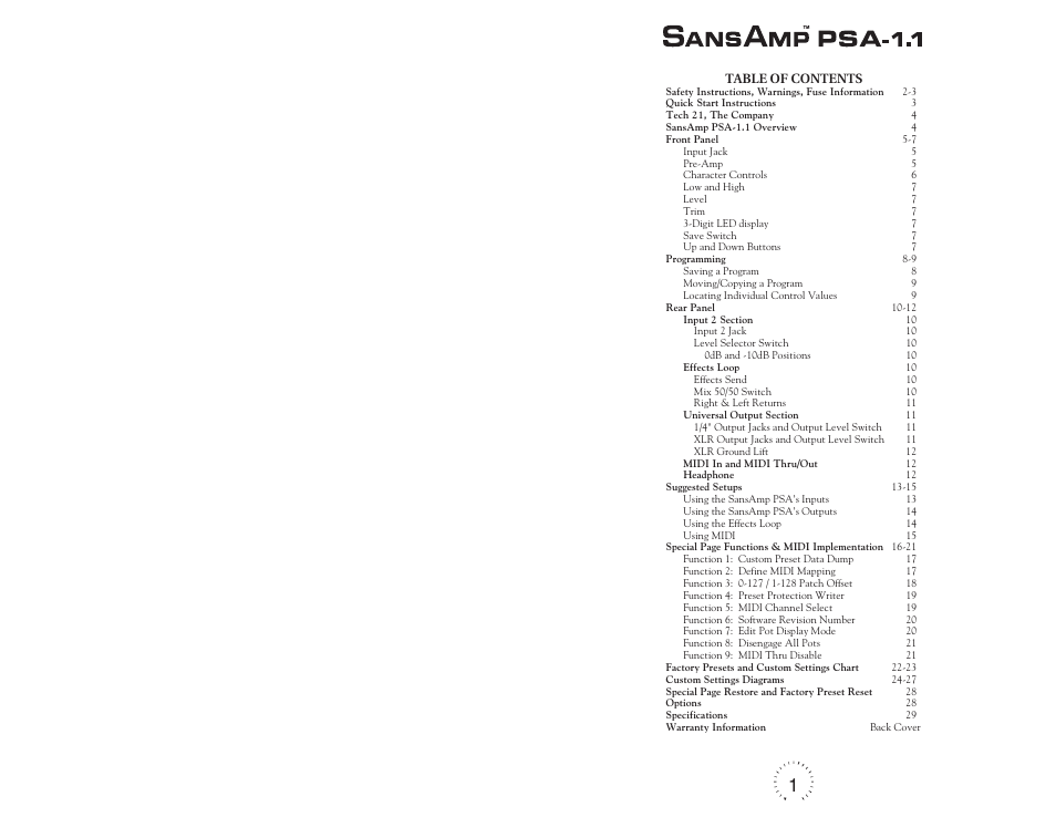 Tech 21 SANSAMP PSA-1.1 User Manual | Page 2 / 16