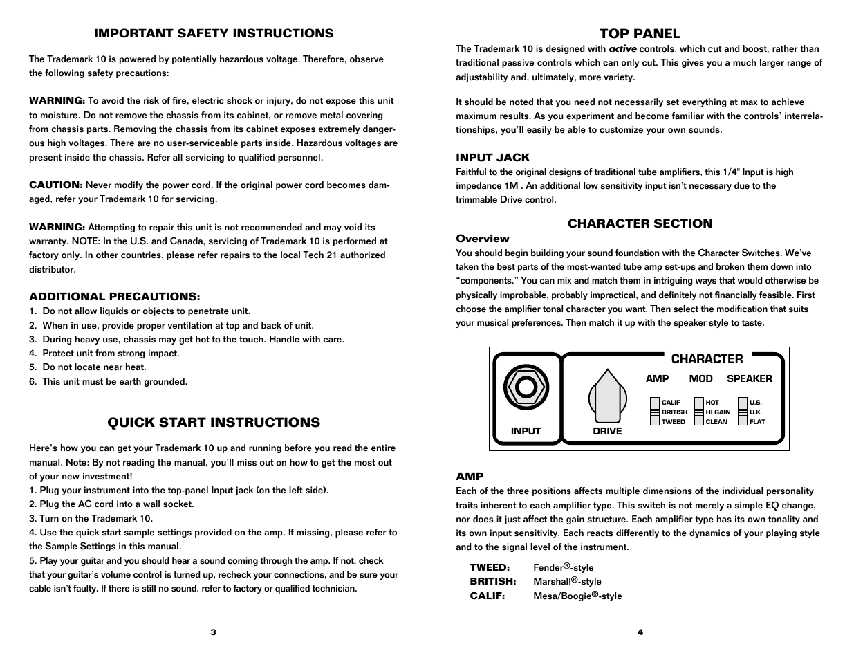 Character, Quick start instructions, Top panel | Tech 21 TRADEMARK 10 User Manual | Page 3 / 8