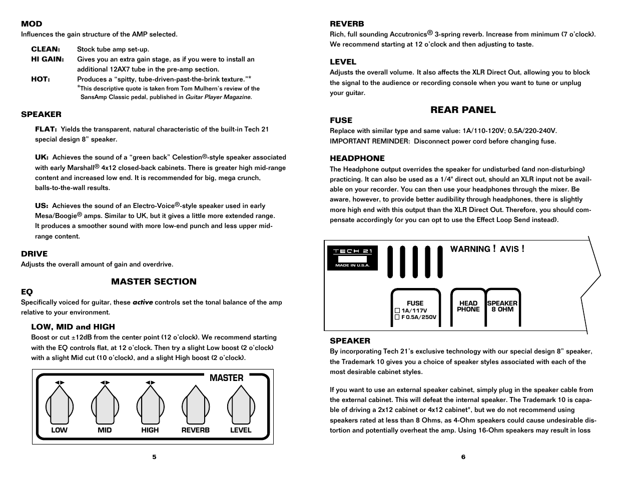 Master, Rear panel | Tech 21 TRADEMARK 10 User Manual | Page 4 / 8