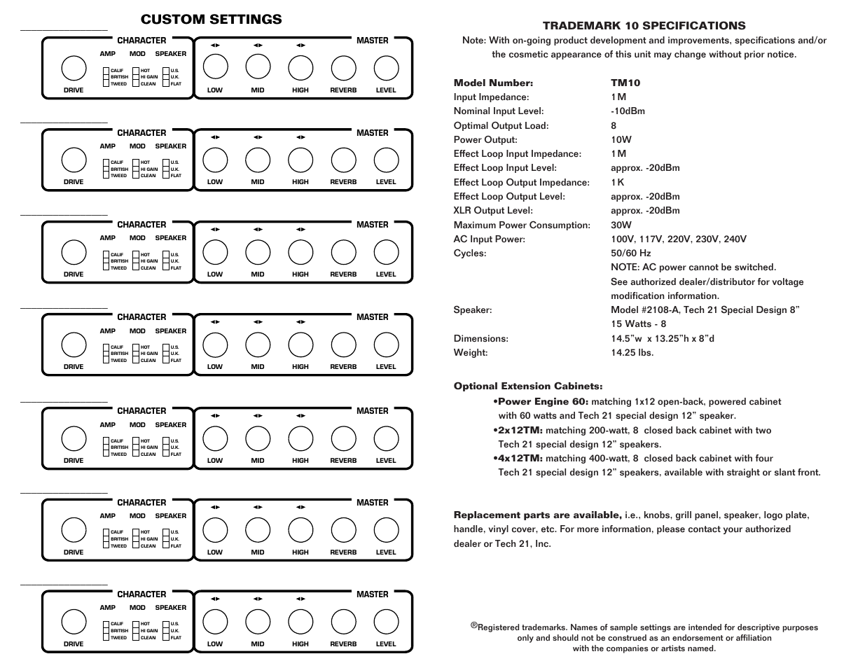 Custom settings, Trademark 10 specifications | Tech 21 TRADEMARK 10 User Manual | Page 8 / 8