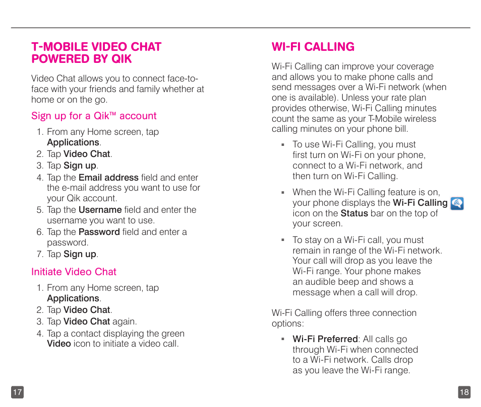 T-mobile video chat powered by qik, Wi-fi calling | T-Mobile GALAXYS 4G User Manual | Page 12 / 27