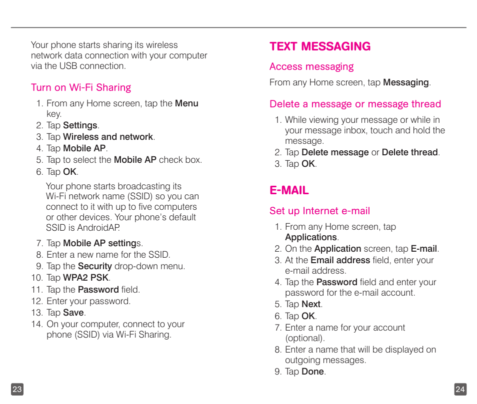 Text messaging, E-mail | T-Mobile GALAXYS 4G User Manual | Page 15 / 27