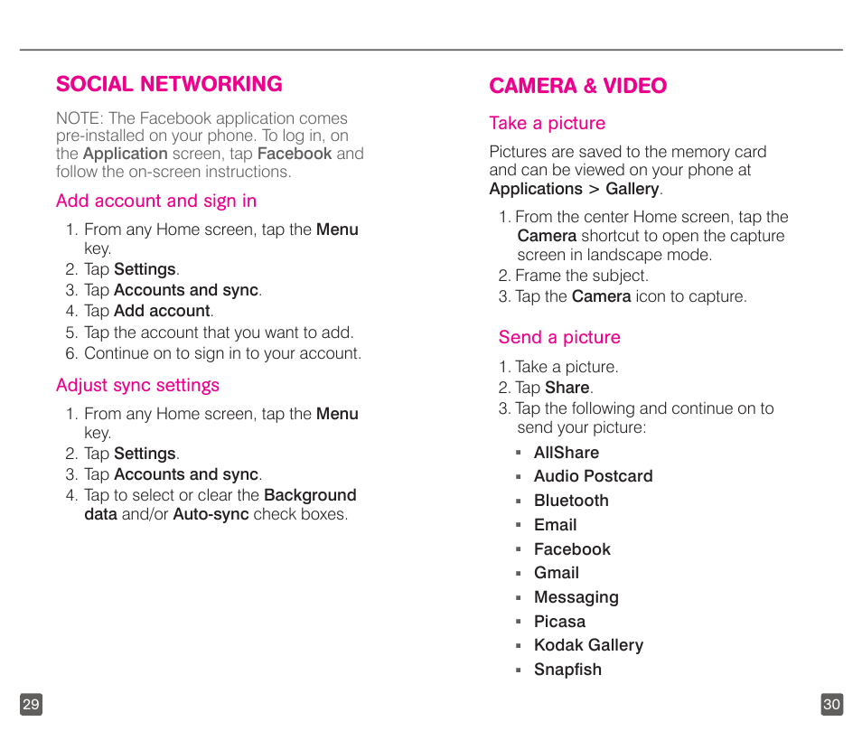 Social networking, Camera & video, Add account and sign in | Adjust sync settings, Take a picture, Send a picture | T-Mobile GALAXYS 4G User Manual | Page 18 / 27