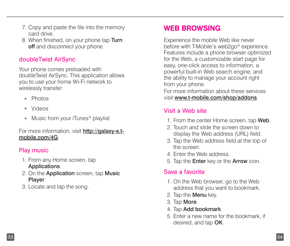Web browsing | T-Mobile GALAXYS 4G User Manual | Page 20 / 27