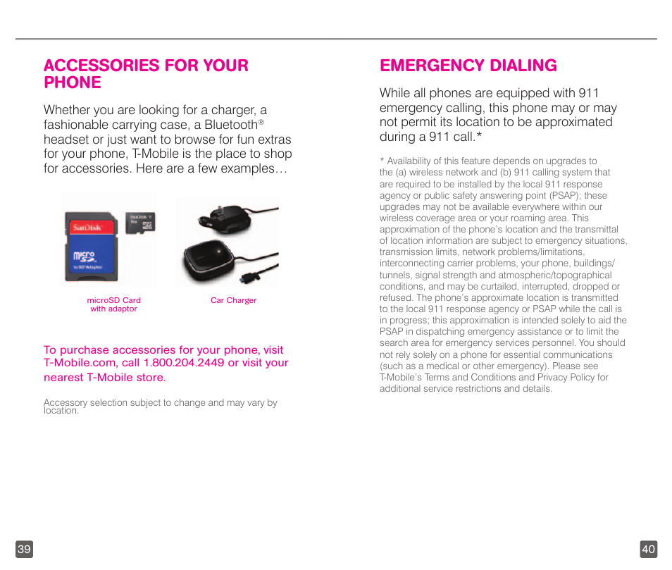Accessories for your phone, Emergency dialing | T-Mobile GALAXYS 4G User Manual | Page 23 / 27