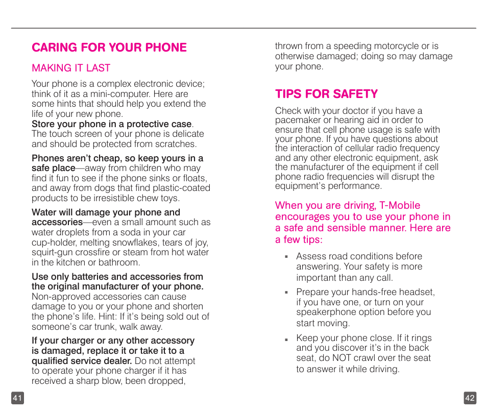 Caring for your phone, Tips for safety | T-Mobile GALAXYS 4G User Manual | Page 24 / 27