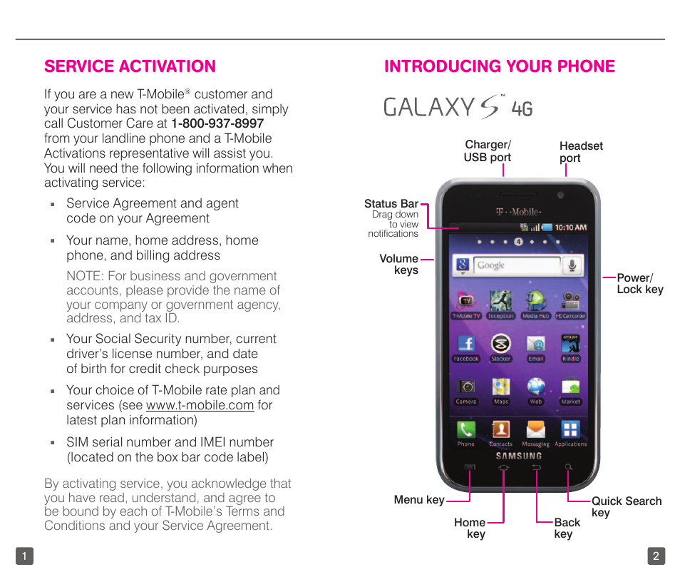 Service activation, Introducing your phone | T-Mobile GALAXYS 4G User Manual | Page 4 / 27