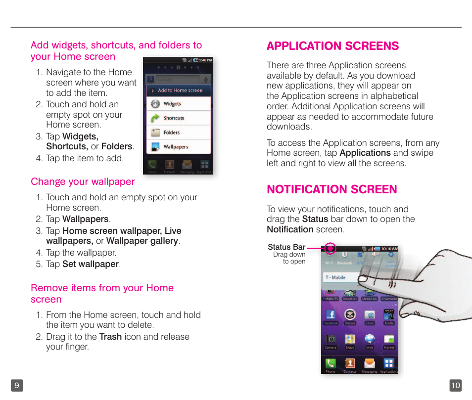 Application screens, Notification screen | T-Mobile GALAXYS 4G User Manual | Page 8 / 27