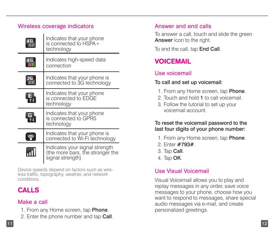 Calls, Voicemail | T-Mobile GALAXYS 4G User Manual | Page 9 / 27