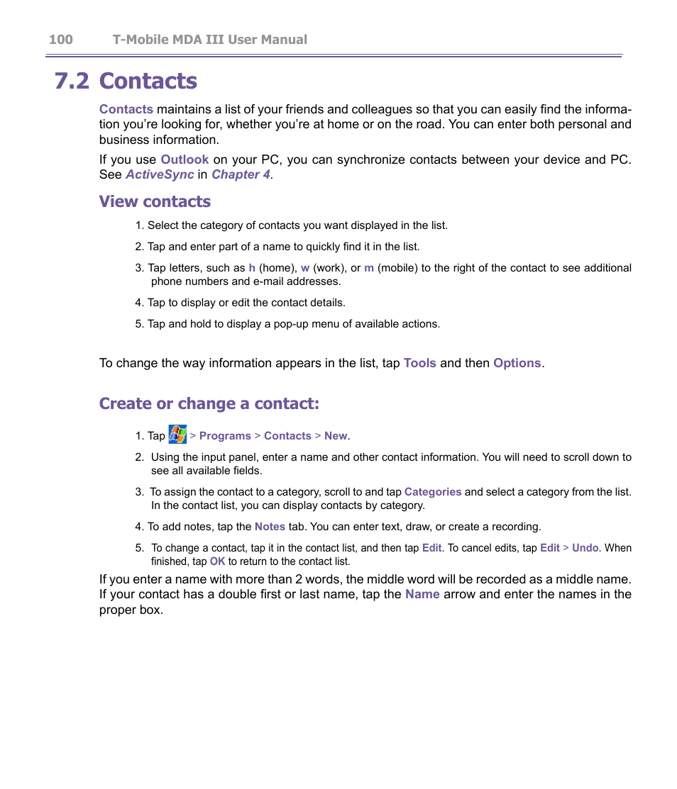 2 contacts, View contacts, Create or change a contact | T-Mobile MDA III User Manual | Page 100 / 178