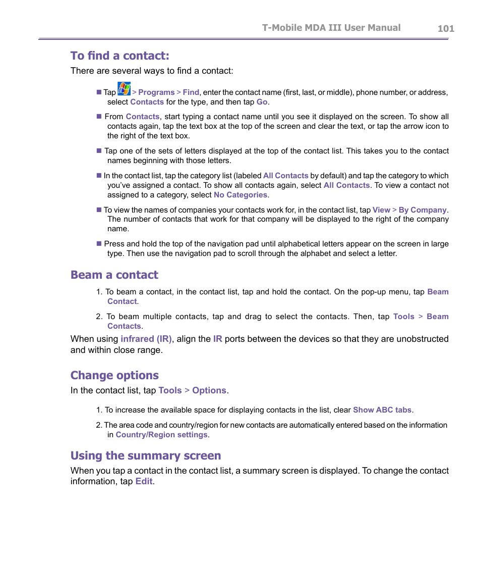 Beam a contact, Change options, Using the summary screen | T-Mobile MDA III User Manual | Page 101 / 178