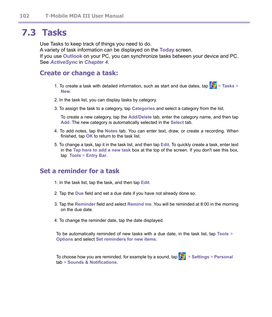 3 tasks, Create or change a task, Set a reminder for a task | T-Mobile MDA III User Manual | Page 102 / 178