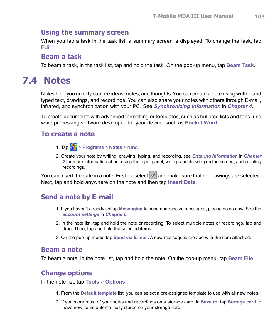 Using the summary screen, Beam a task, Change options | T-Mobile MDA III User Manual | Page 103 / 178