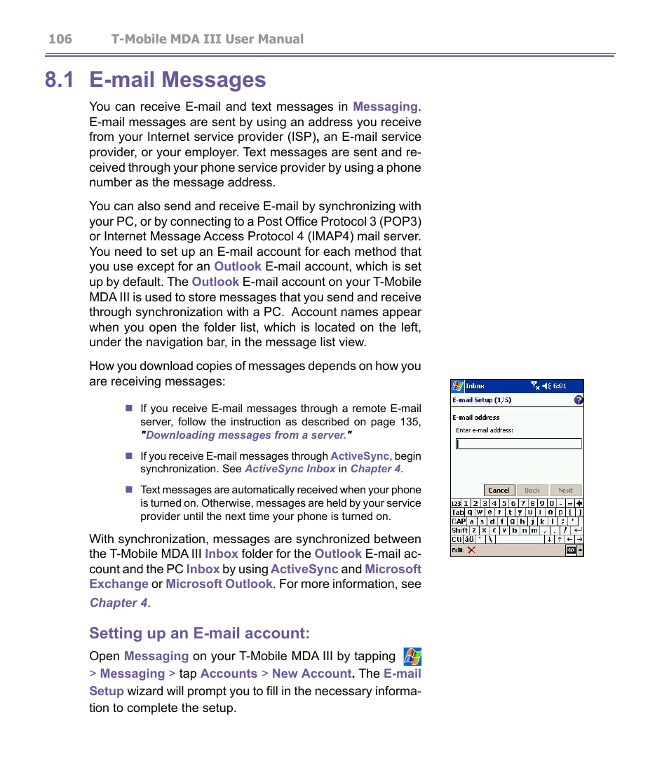 1 e-mail messages, Setting up an e-mail account | T-Mobile MDA III User Manual | Page 106 / 178