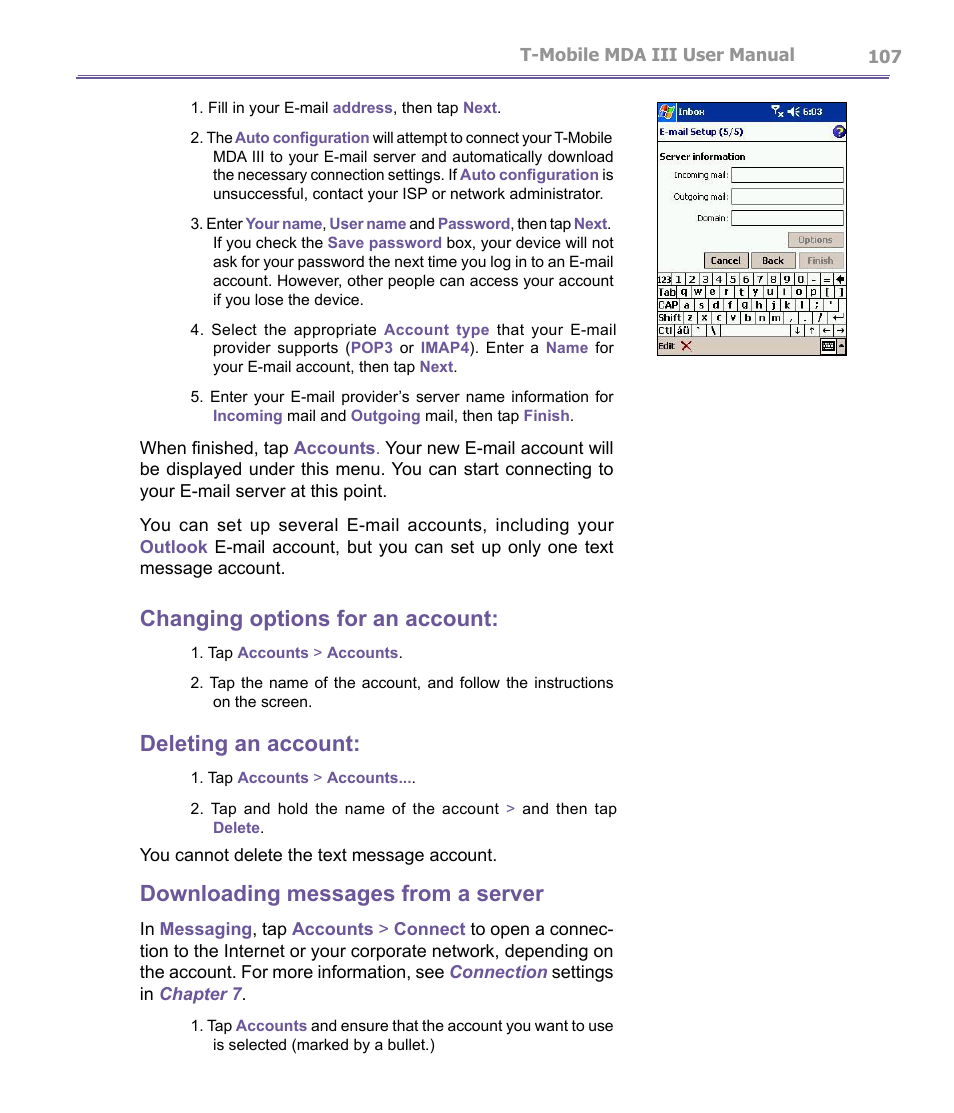 Changing options for an account, Deleting an account, Downloading messages from a server | T-Mobile MDA III User Manual | Page 107 / 178