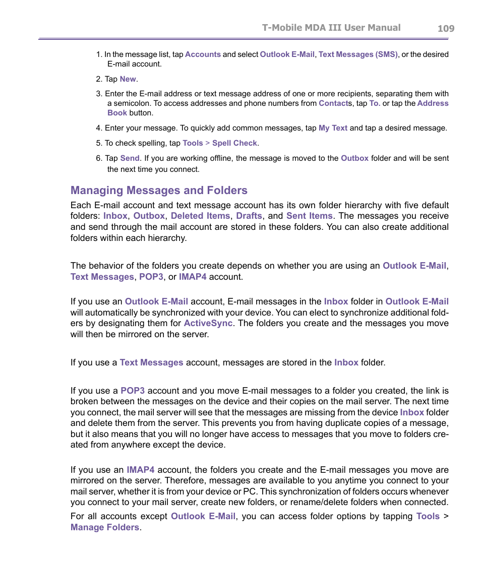 Managing messages and folders | T-Mobile MDA III User Manual | Page 109 / 178