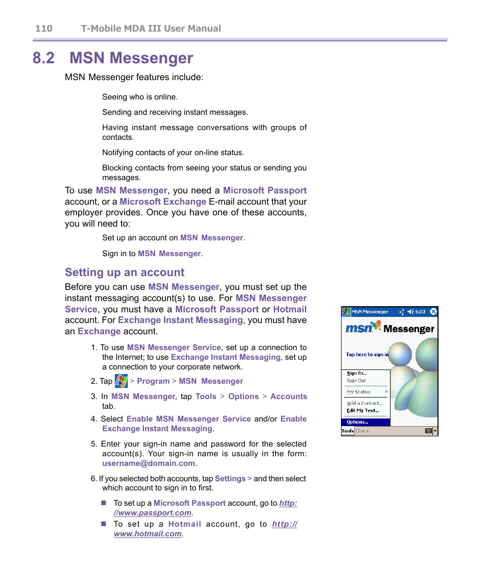 2 msn messenger, Setting up an account | T-Mobile MDA III User Manual | Page 110 / 178