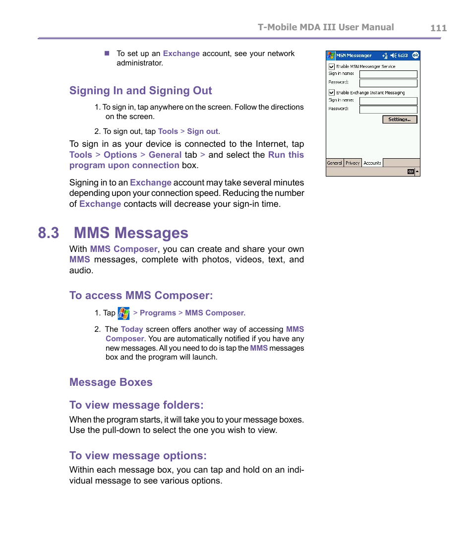 3 mms messages, Signing in and signing out, Message boxes to view message folders | T-Mobile MDA III User Manual | Page 111 / 178