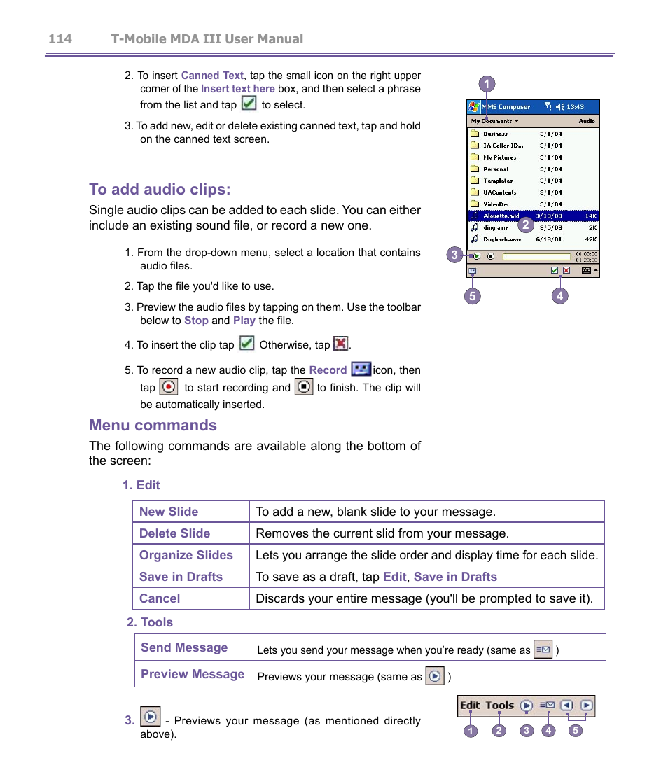 Menu commands | T-Mobile MDA III User Manual | Page 114 / 178