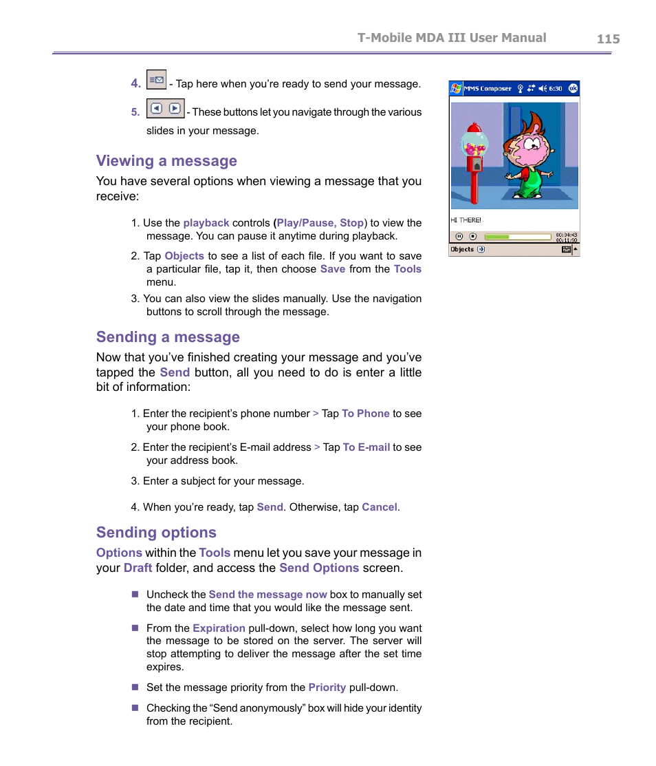 Viewing a message, Sending a message, Sending options | T-Mobile MDA III User Manual | Page 115 / 178