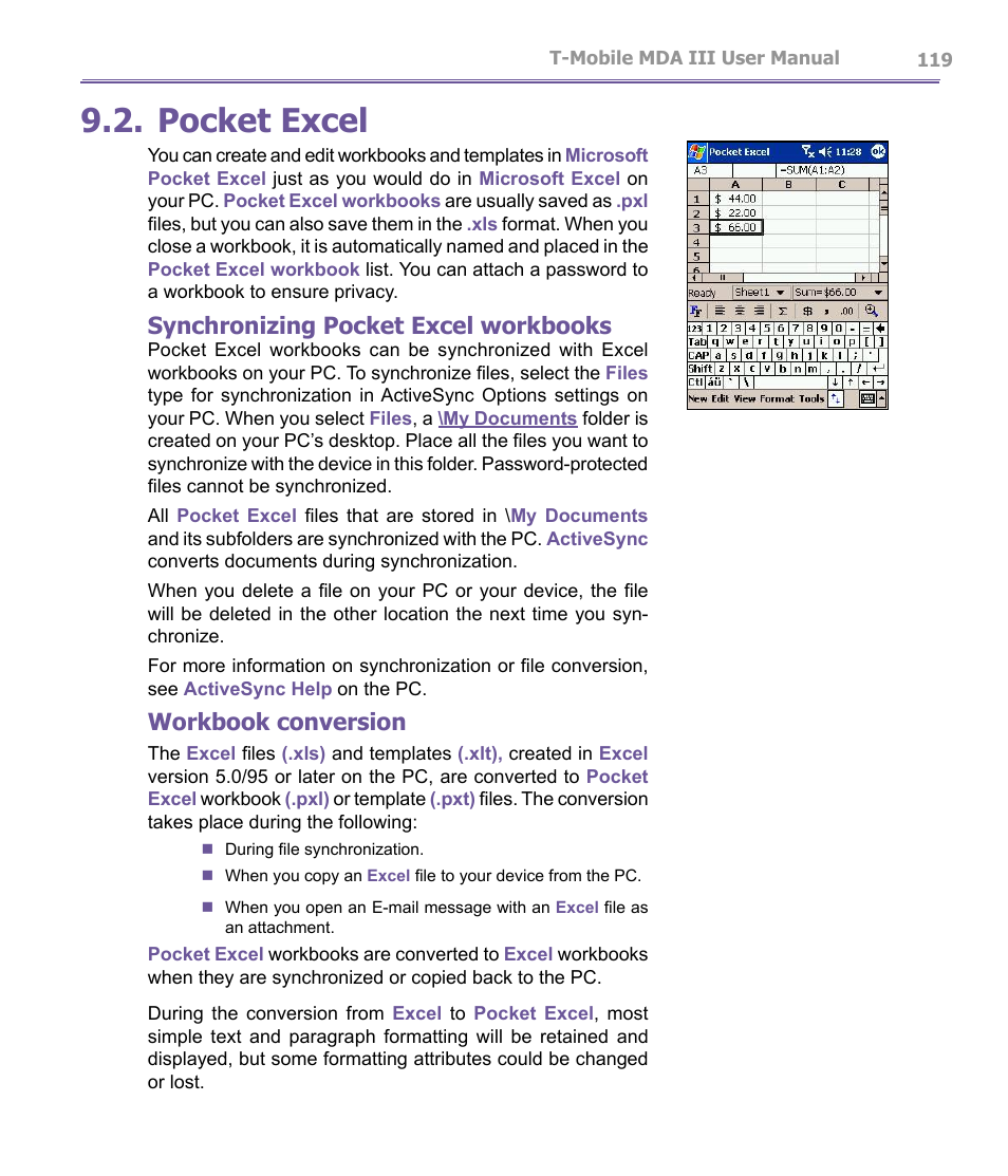 Pocket excel, Synchronizing pocket excel workbooks, Workbook conversion | T-Mobile MDA III User Manual | Page 119 / 178
