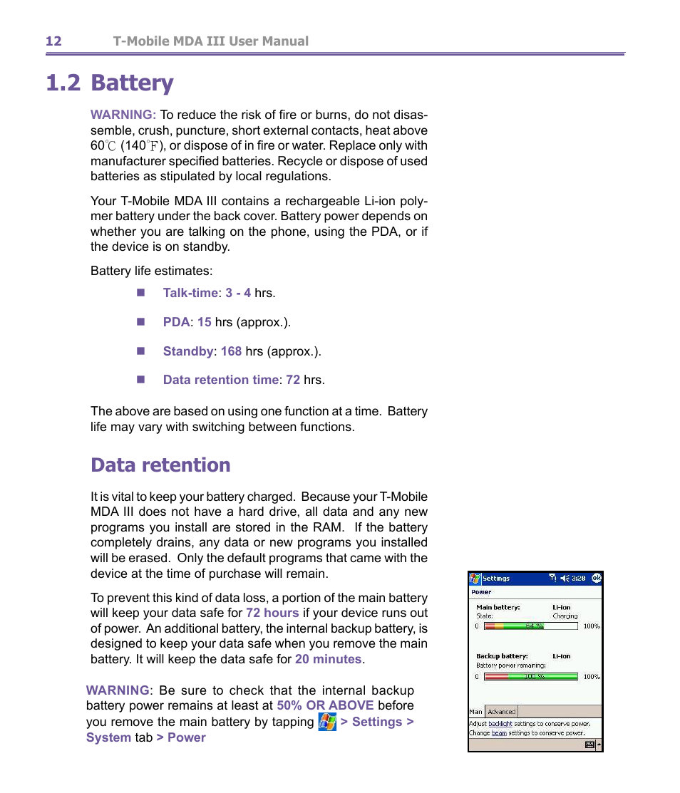 2 battery, Data retention | T-Mobile MDA III User Manual | Page 12 / 178