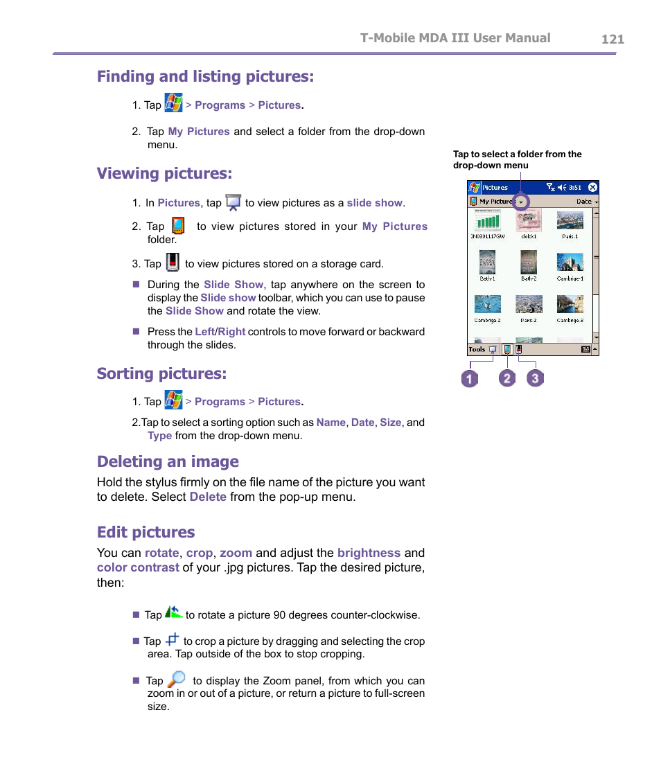 Finding and listing pictures, Viewing pictures, Sorting pictures | Deleting an image, Edit pictures | T-Mobile MDA III User Manual | Page 121 / 178
