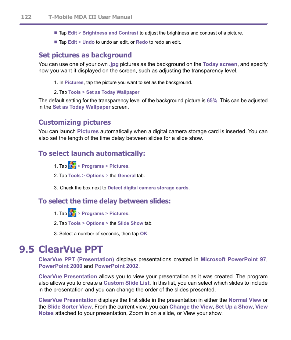 5 clearvue ppt, Set pictures as background, Customizing pictures | T-Mobile MDA III User Manual | Page 122 / 178