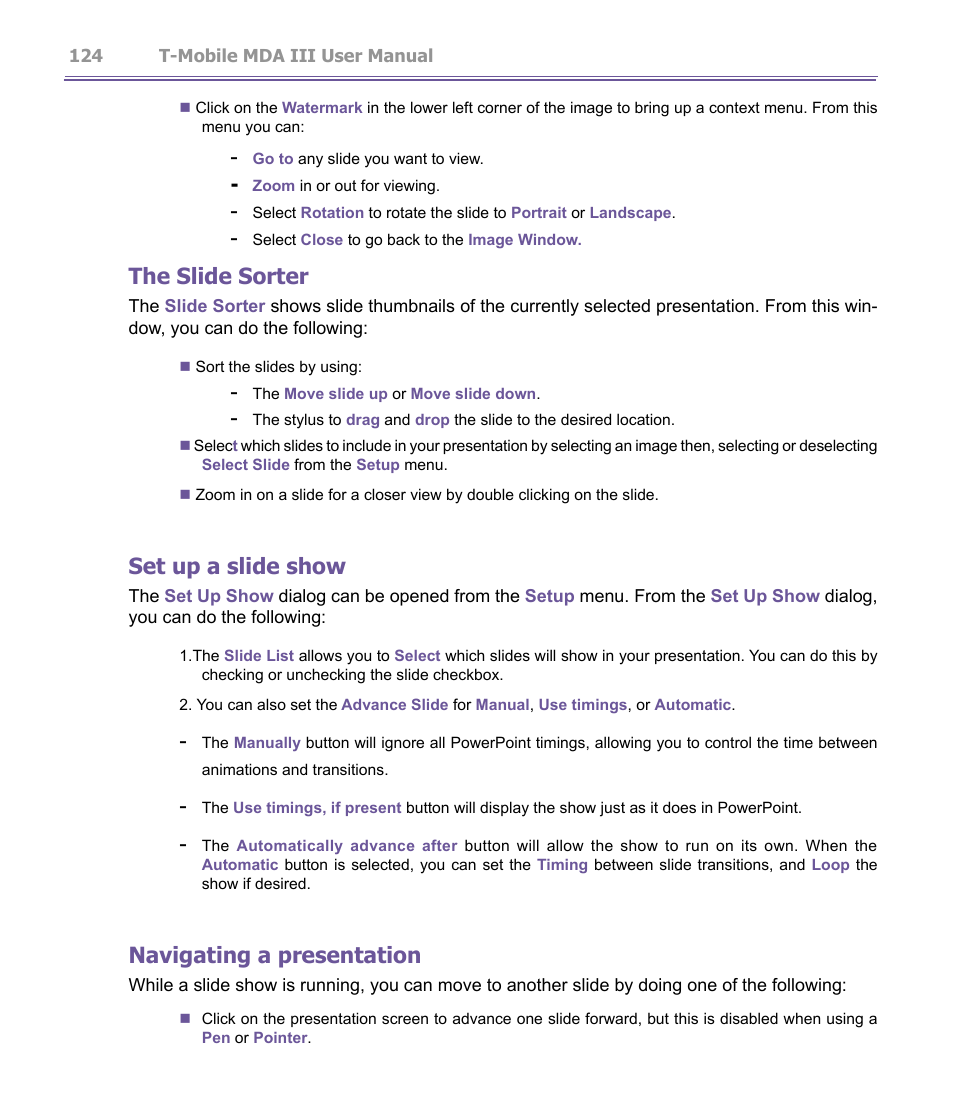 The slide sorter, Set up a slide show, Navigating a presentation | T-Mobile MDA III User Manual | Page 124 / 178