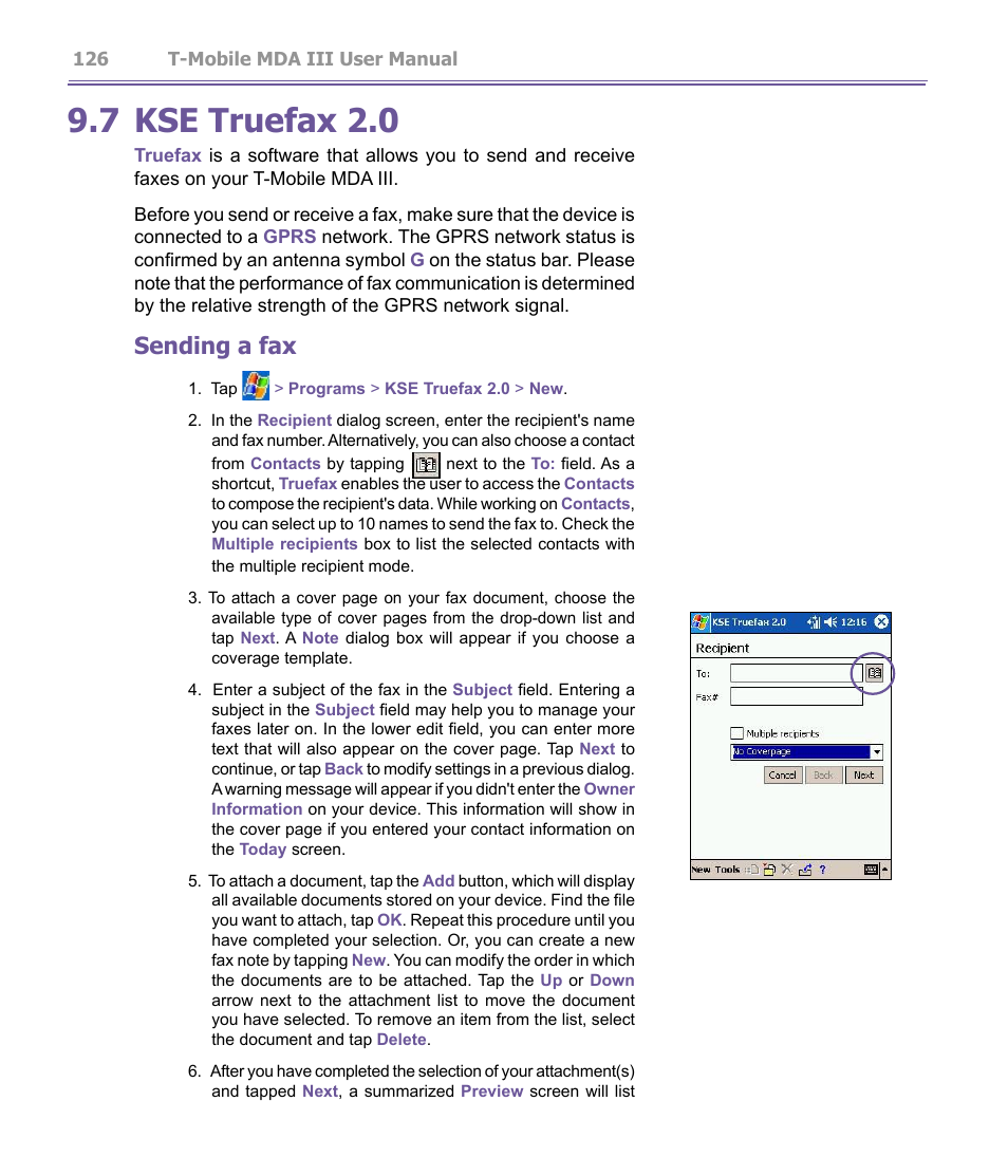 7 kse truefax 2.0, Sending a fax | T-Mobile MDA III User Manual | Page 126 / 178