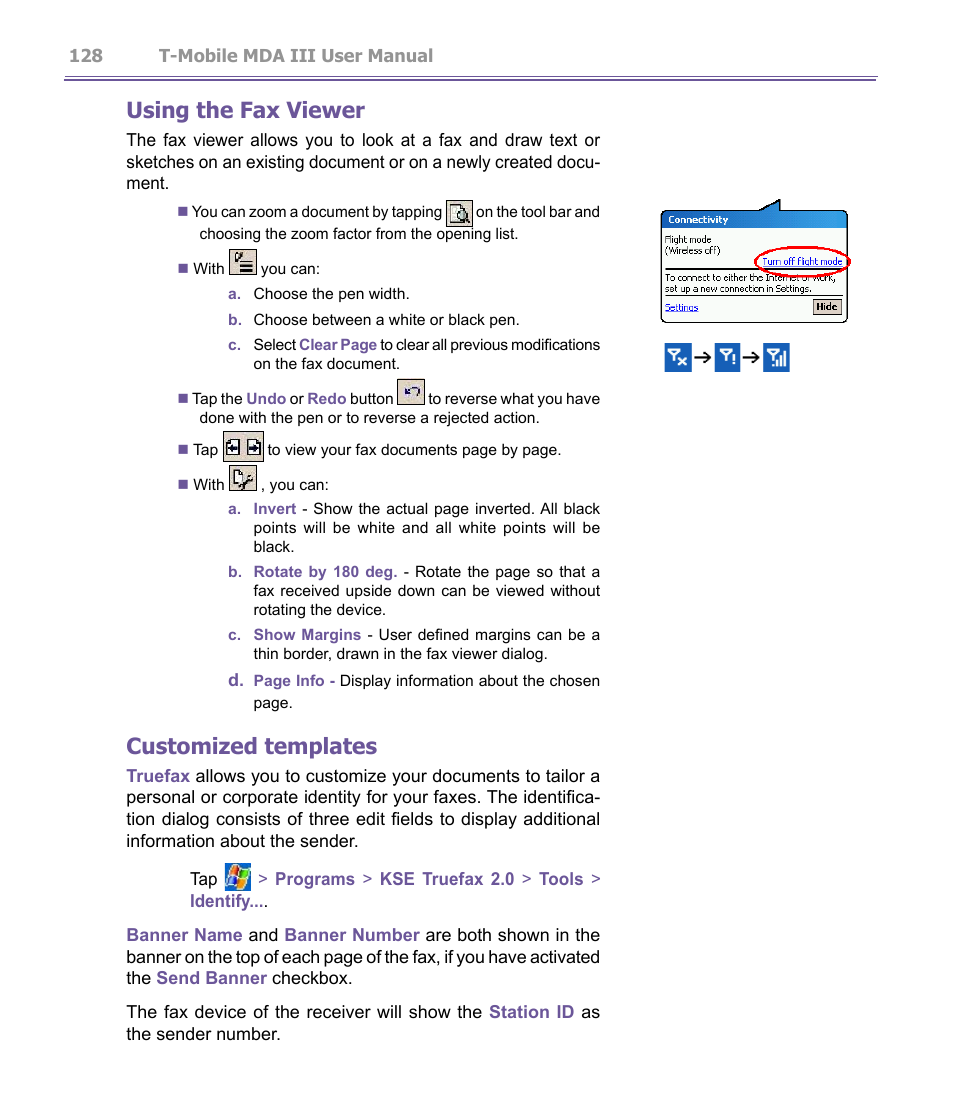 Using the fax viewer, Customized templates | T-Mobile MDA III User Manual | Page 128 / 178
