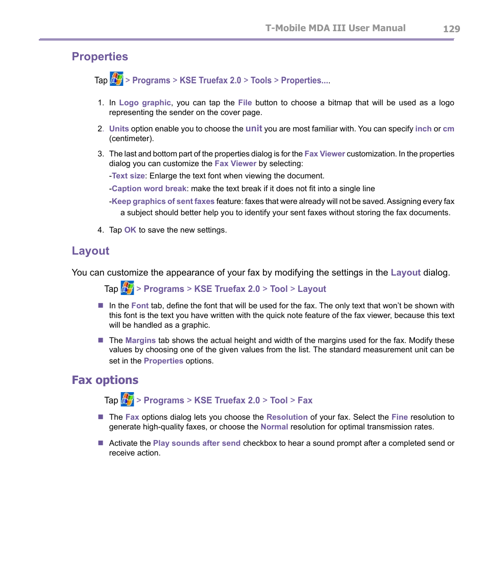 Properties, Layout, Fax options | T-Mobile MDA III User Manual | Page 129 / 178