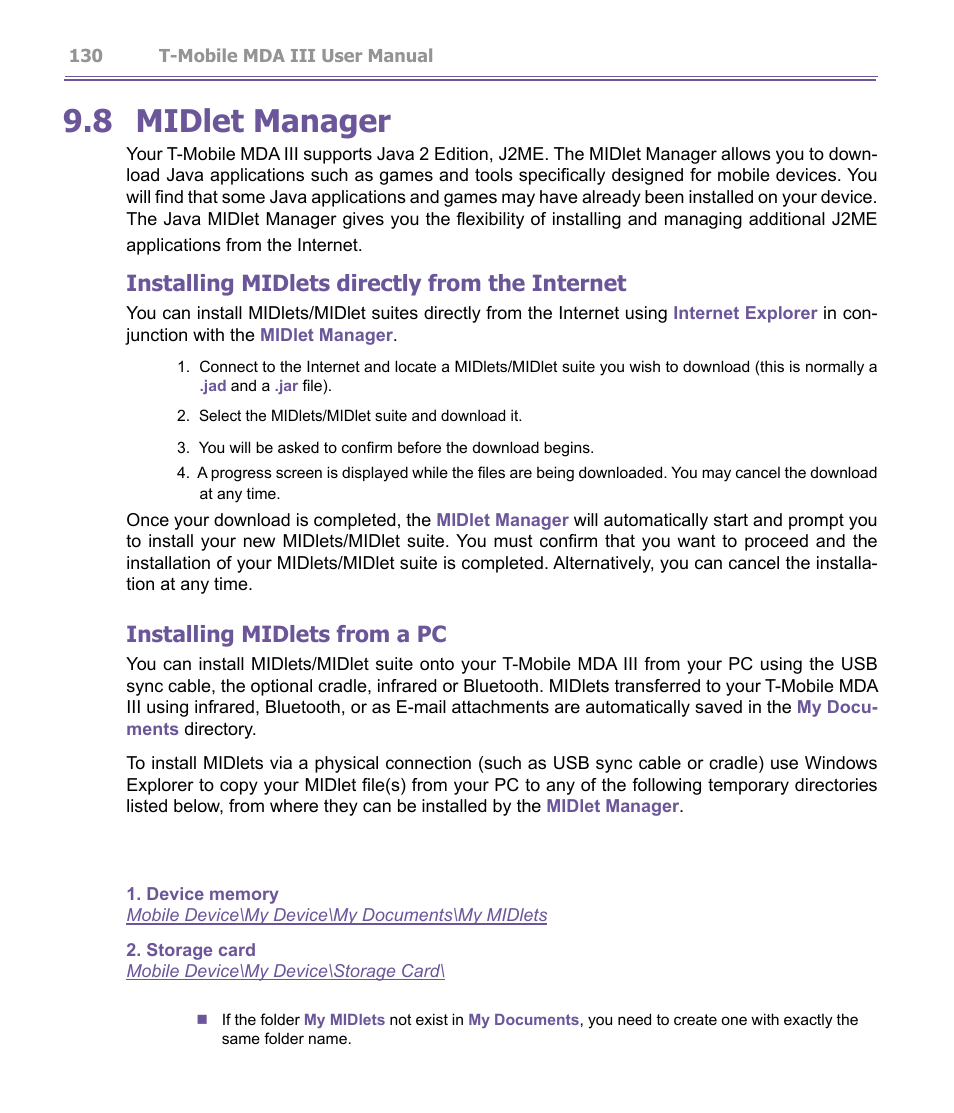 8 midlet manager, Installing midlets directly from the internet, Installing midlets from a pc | T-Mobile MDA III User Manual | Page 130 / 178
