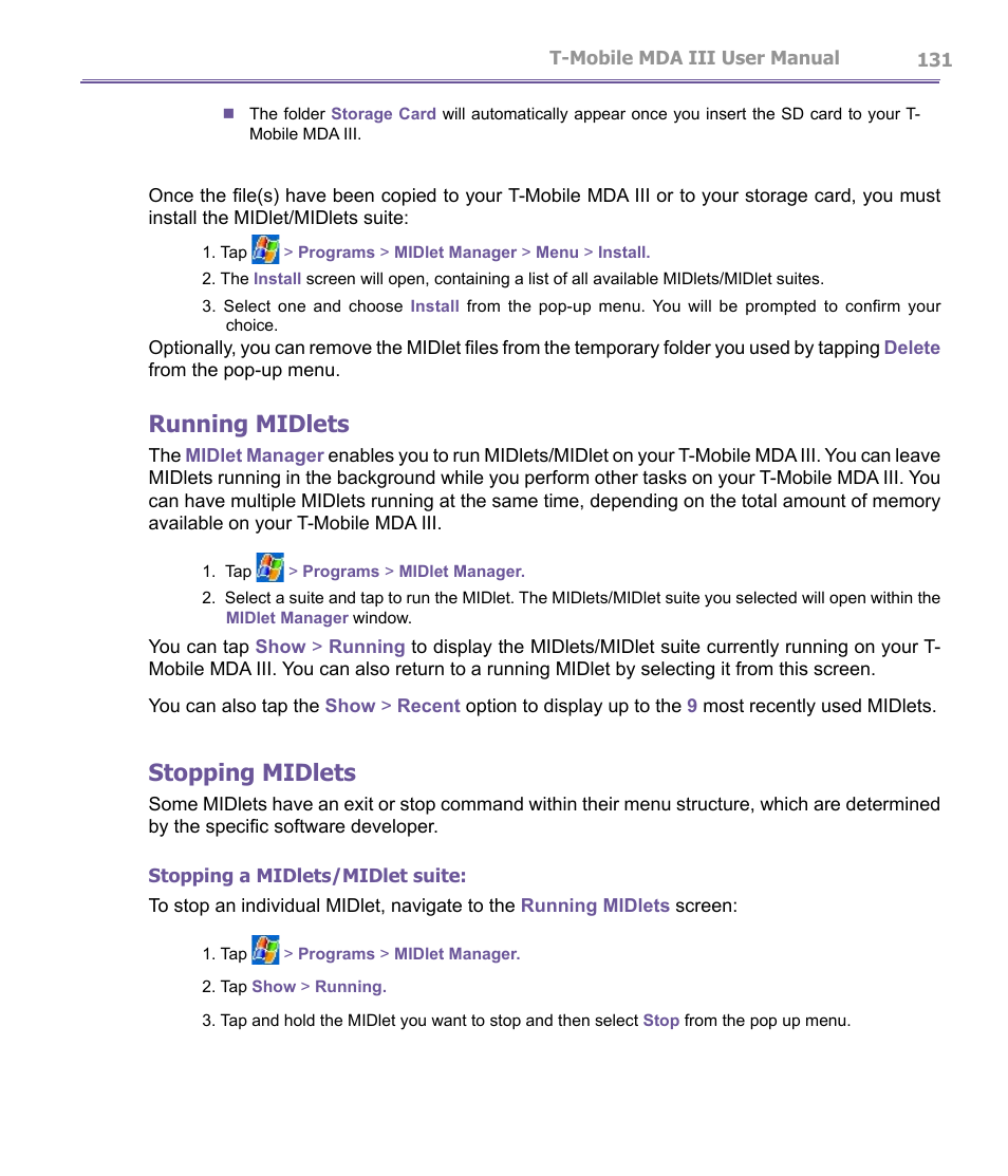 Running midlets, Stopping midlets | T-Mobile MDA III User Manual | Page 131 / 178