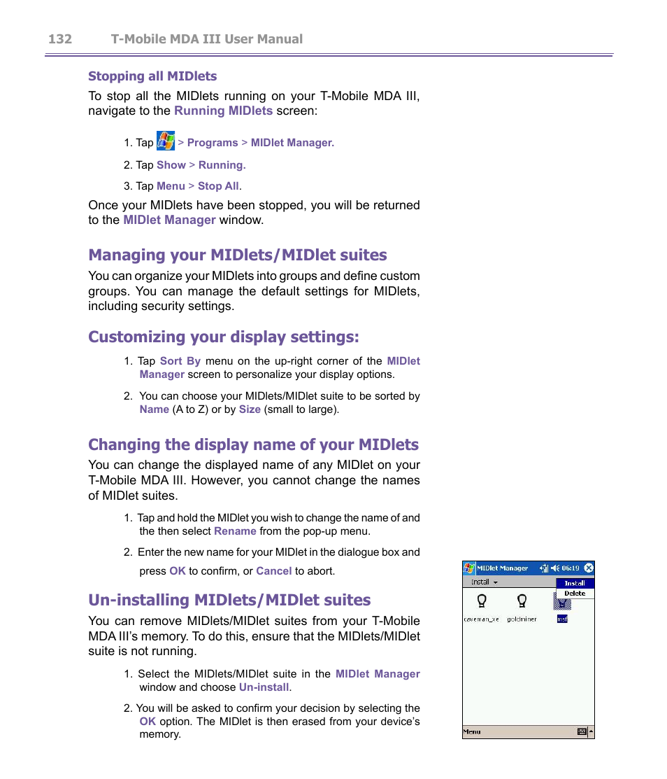Managing your midlets/midlet suites, Customizing your display settings, Changing the display name of your midlets | Un-installing midlets/midlet suites | T-Mobile MDA III User Manual | Page 132 / 178