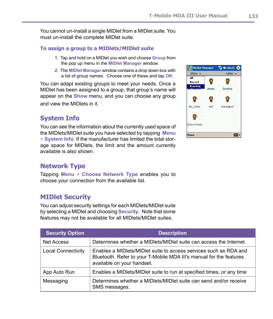 System info, Network type, Midlet security | T-Mobile MDA III User Manual | Page 133 / 178