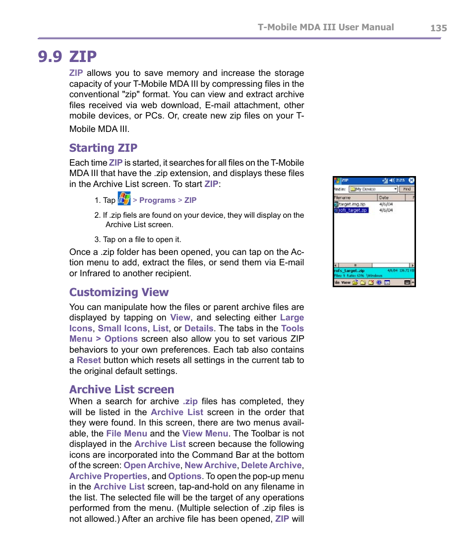 9 zip, Starting zip, Customizing view | Archive list screen | T-Mobile MDA III User Manual | Page 135 / 178