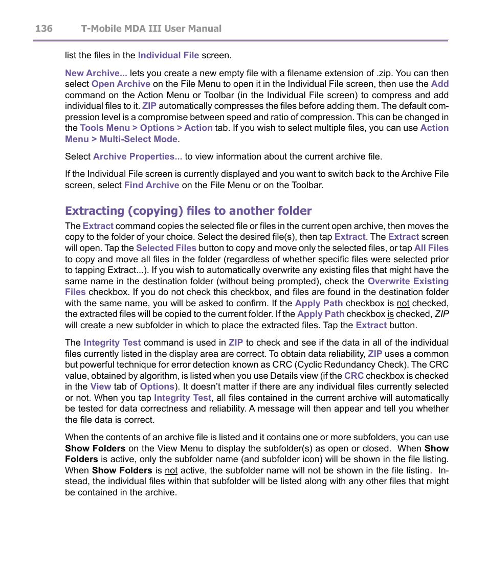 Extracting (copying) files to another folder | T-Mobile MDA III User Manual | Page 136 / 178