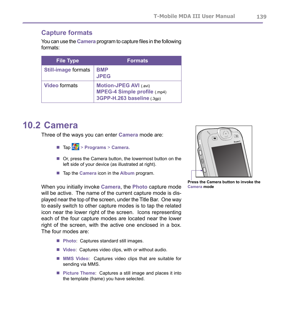 2 camera, Capture formats | T-Mobile MDA III User Manual | Page 139 / 178