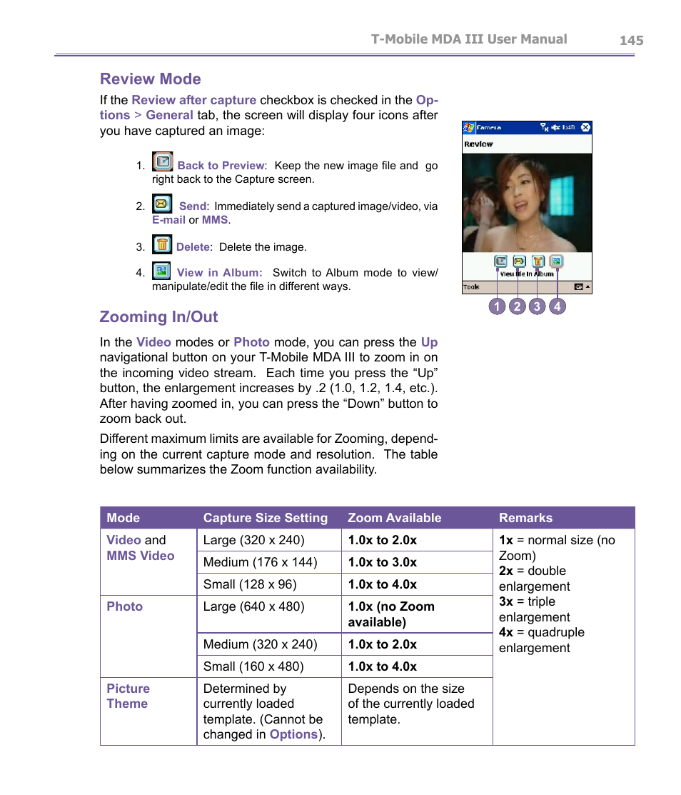 Review mode, Zooming in/out | T-Mobile MDA III User Manual | Page 145 / 178