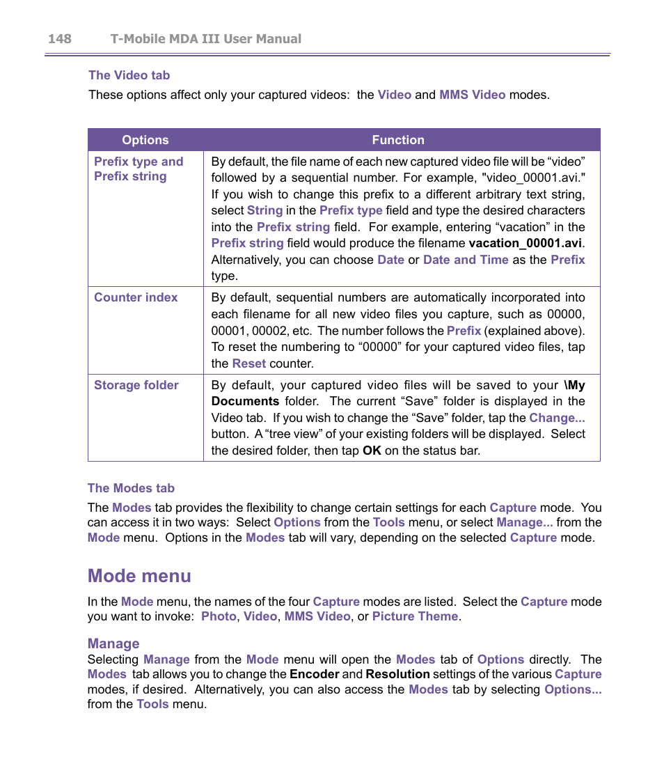 Mode menu | T-Mobile MDA III User Manual | Page 148 / 178
