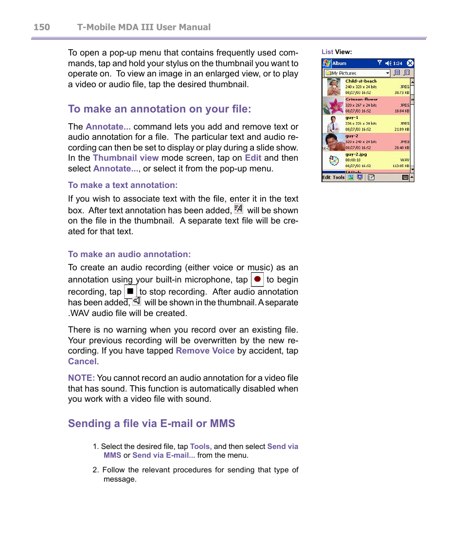 Sending a file via e-mail or mms | T-Mobile MDA III User Manual | Page 150 / 178