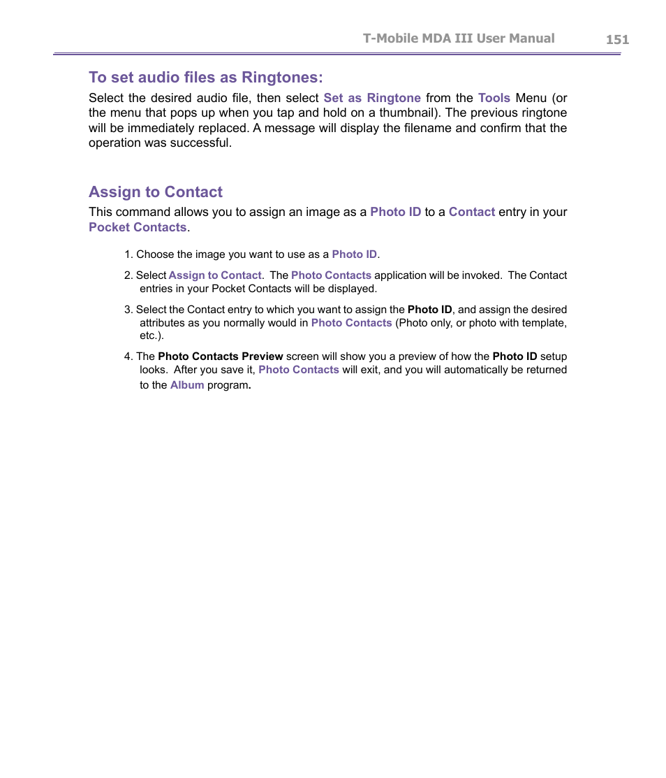 Assign to contact | T-Mobile MDA III User Manual | Page 151 / 178