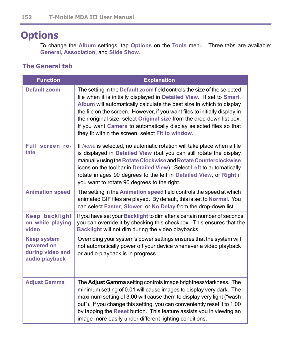 Options | T-Mobile MDA III User Manual | Page 152 / 178