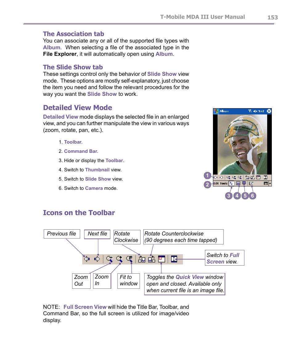 Detailed view mode, Icons on the toolbar | T-Mobile MDA III User Manual | Page 153 / 178