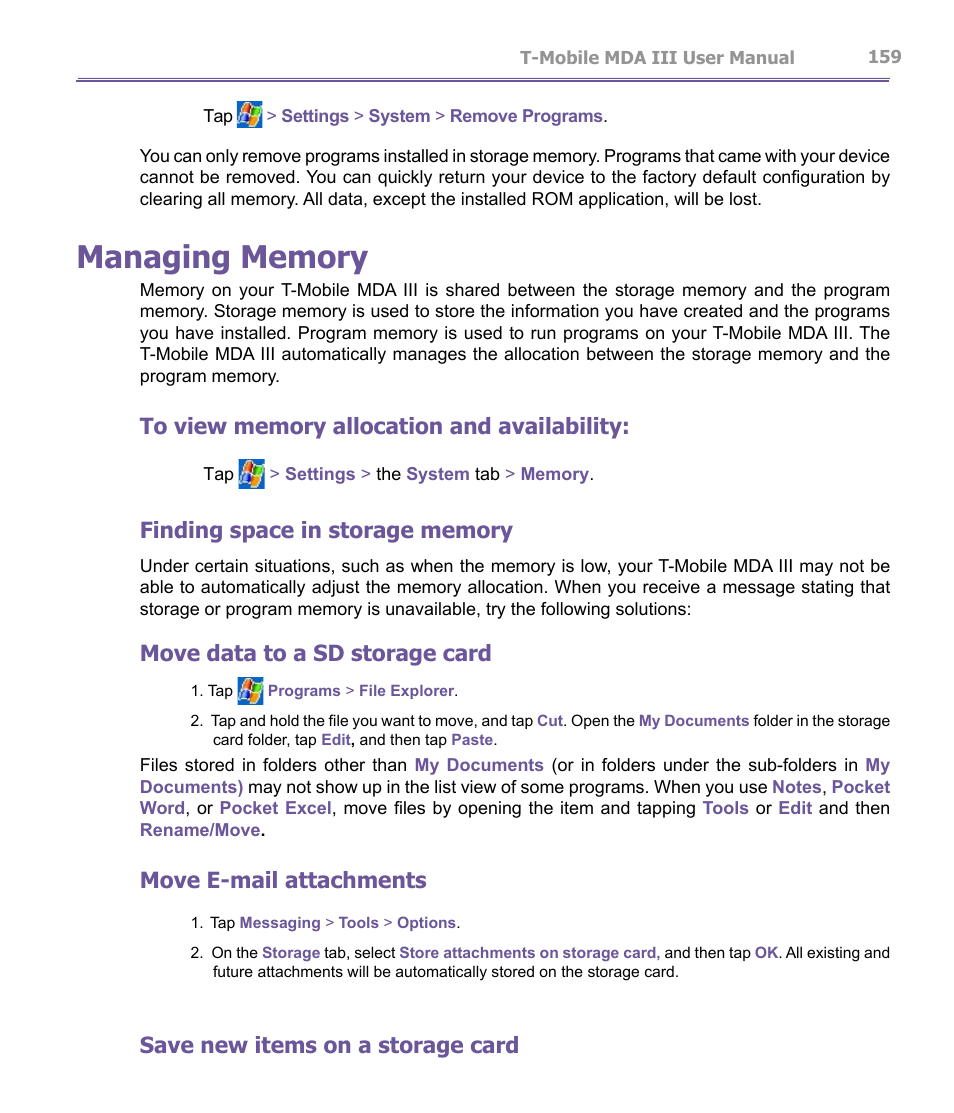 Move data to a sd storage card, Move e-mail attachments, Save new items on a storage card | T-Mobile MDA III User Manual | Page 159 / 178
