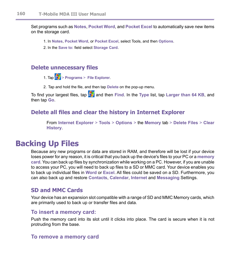 Backing up files, Delete unnecessary files, Sd and mmc cards | T-Mobile MDA III User Manual | Page 160 / 178