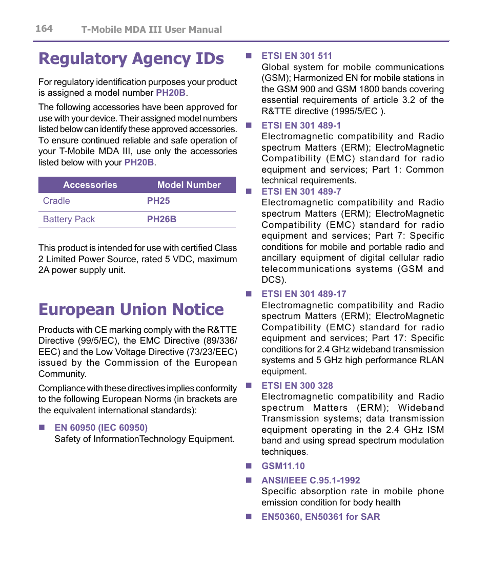 Regulatory agency ids, European union notice | T-Mobile MDA III User Manual | Page 164 / 178